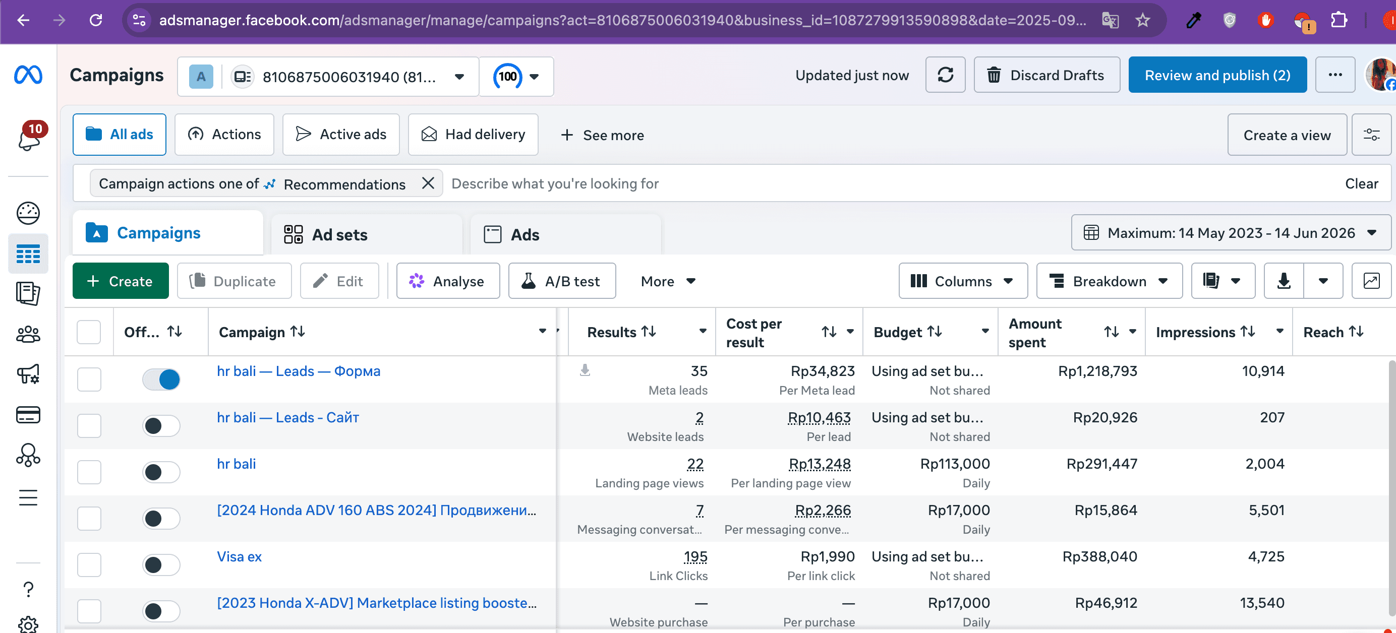 Facebook Ads — кампании по Бали