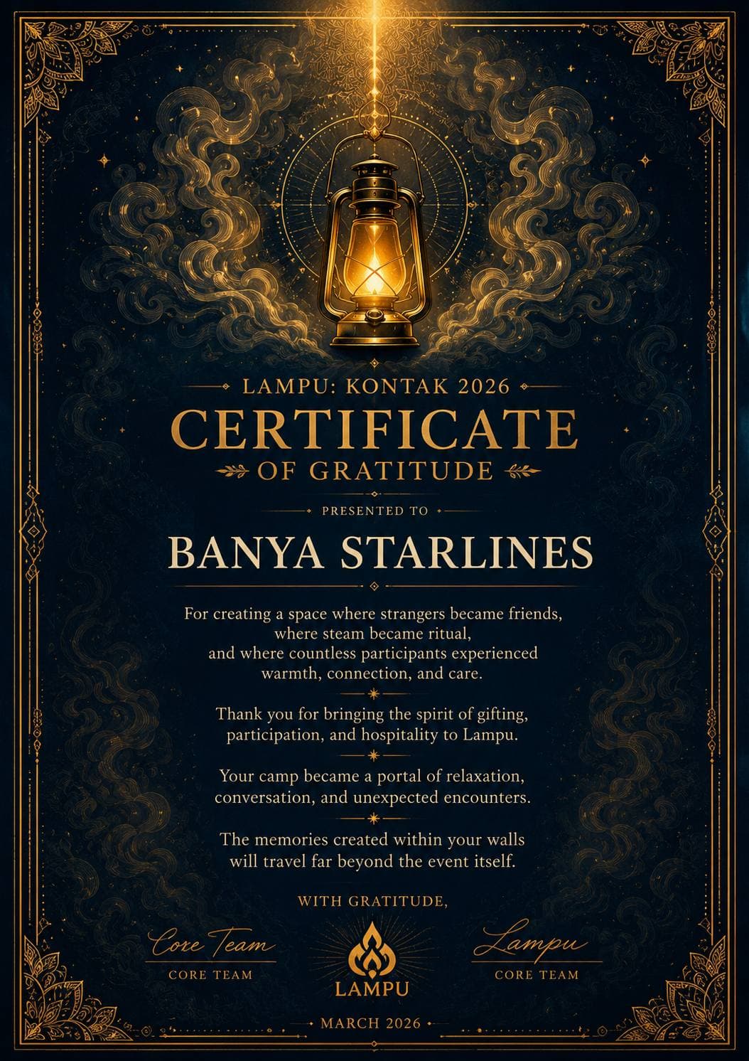 Грамота фестиваля Lampu — кемп Banya Starlines