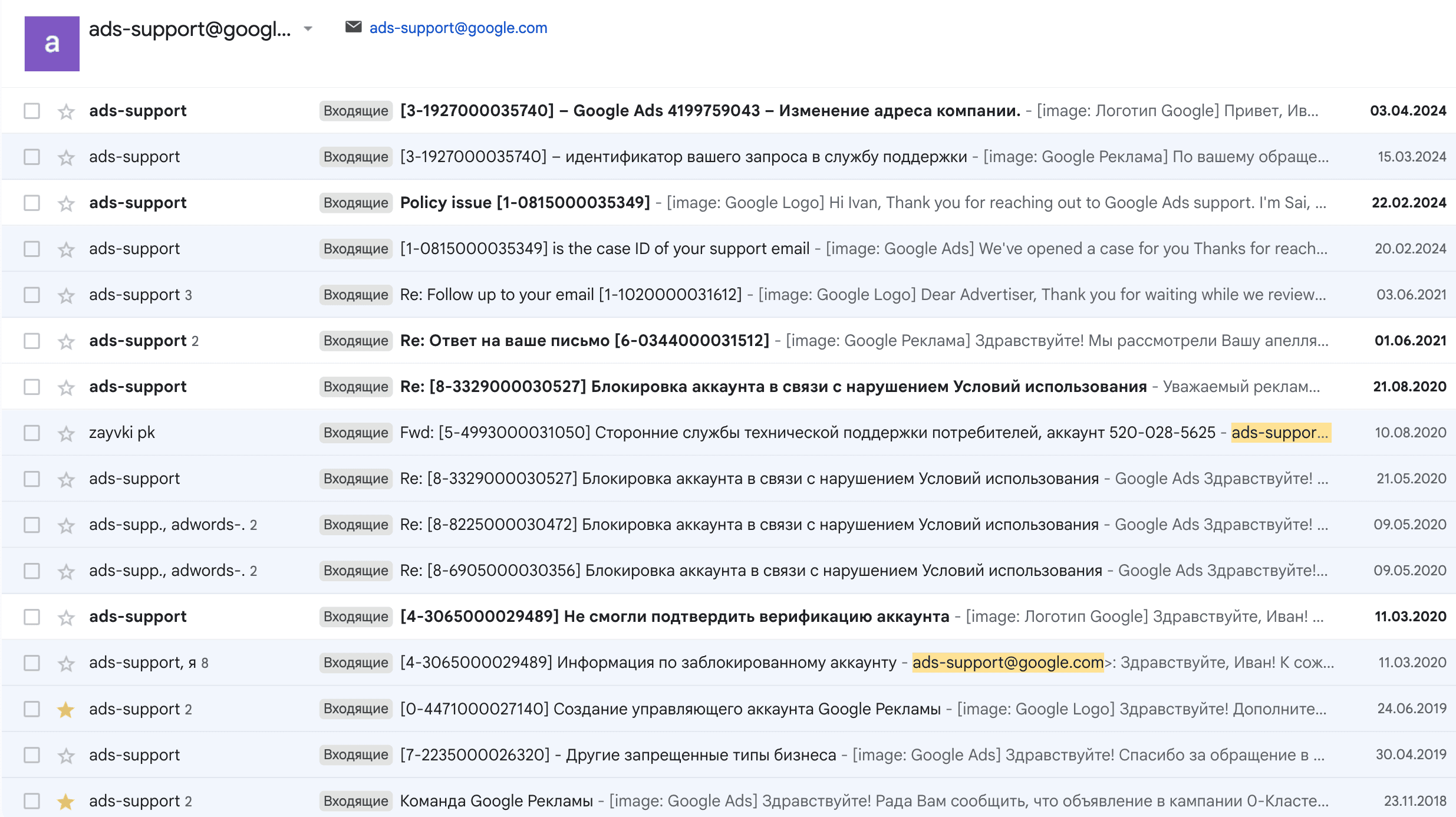 Переписка с поддержкой Google Ads (RU + EN)
